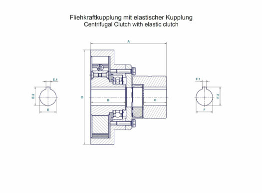 Technische Zeichnung Fliehkraftkupplung mit elastischer flexibler Kupplung / Technical drawing Centrifugal Clutch with elastic flexible clutch