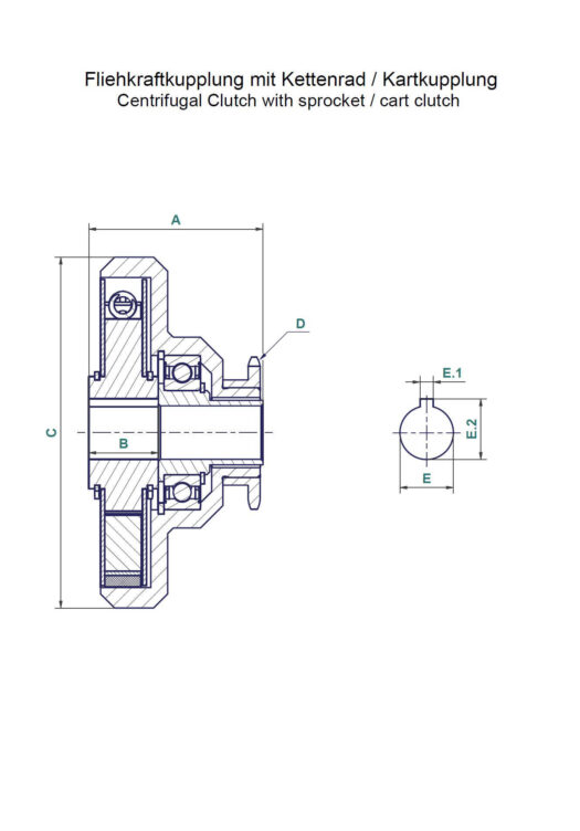Technische Zeichnung Fliehkraftkupplung mit Kettenrad / Technical drawing Centrifugal Clutch with sprocket