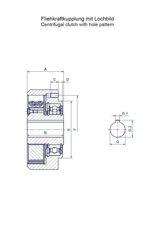 Technische Zeichnung Fliehkraftkupplung mit Lochbild / Technical drawing Centrifugal Clutch with hole pattern
