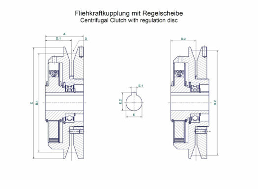 Technische Zeichnung Fliehkraftkupplung mit Regelscheibe - Technical drawing Centrifugal Clutch with regulation disc