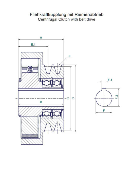 Technische Zeichnung Fliehkraftkupplung mit Riemenabtrieb / Technical drawing Centrifugal Clutch with belt drive