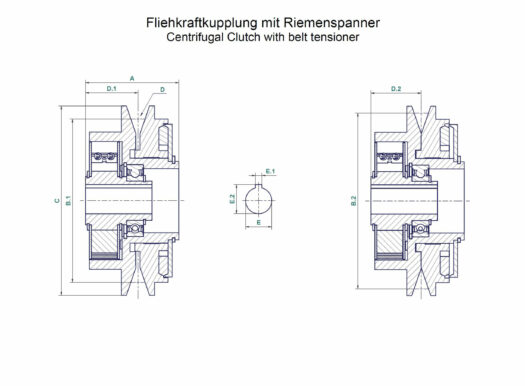Technische Zeichnung Fliehkraftkupplung mit Riemenspanner / Technical drawing Centrifugal Clutch with belt tensioner