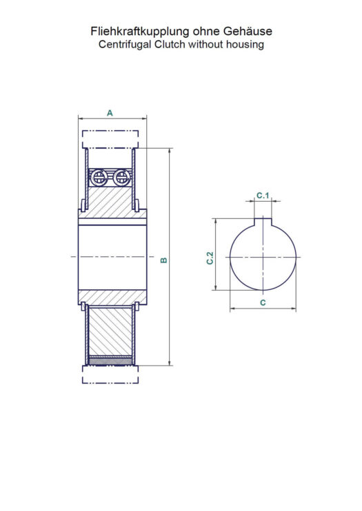 Technische Zeichnung Fliehkraftkupplung ohne Gehäuse / Technical drawing Centrifugal Clutch without housing